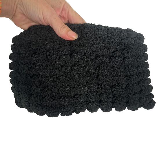 Vintage 1940s Black Popcorn Rosette Crochet Clutch Evening Bag Purse - Picture 5 of 6